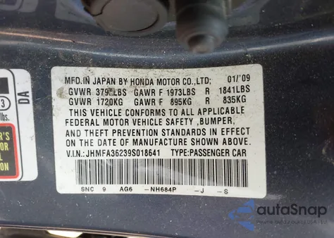 2009 Honda Civic Hybrid from USA, damaged, VIN JHMFA36239S018641